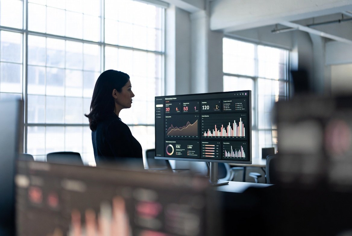 Karla Figueroa, Founder of Ideation Media, reviewing integrated affiliate and paid media performance dashboards in a modern Glendale creative office — Ideas to Success